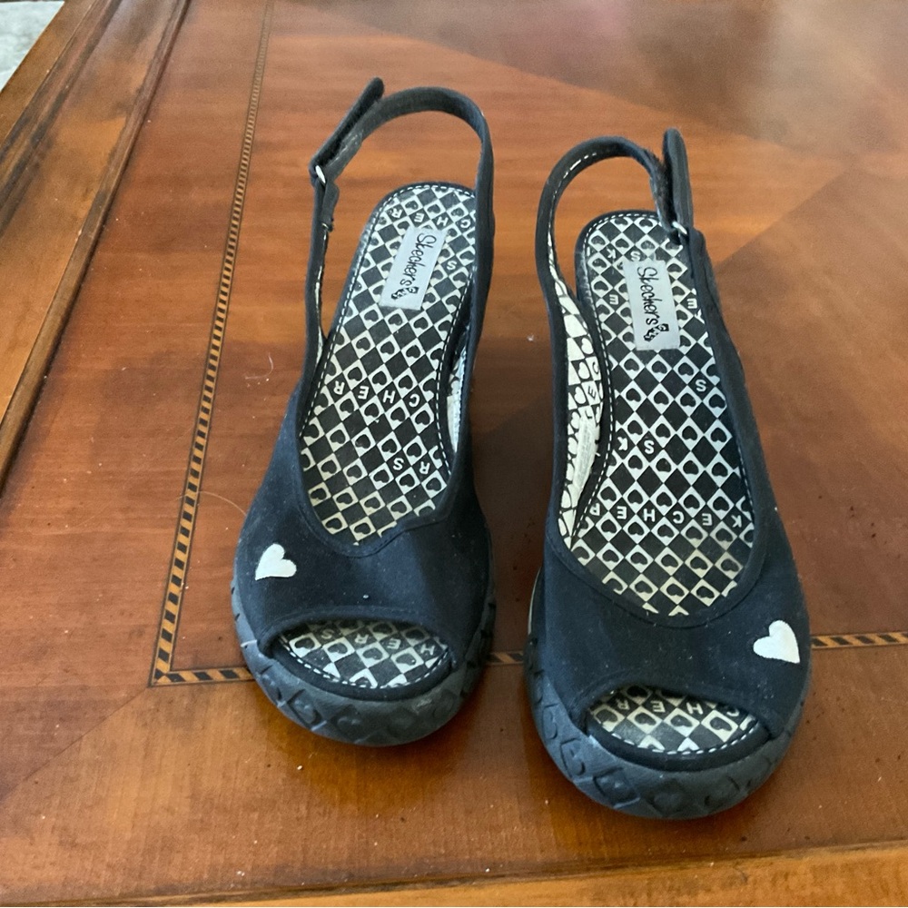 Skechers Black Peep-Toe Slingback Wedges with Heart Accent
